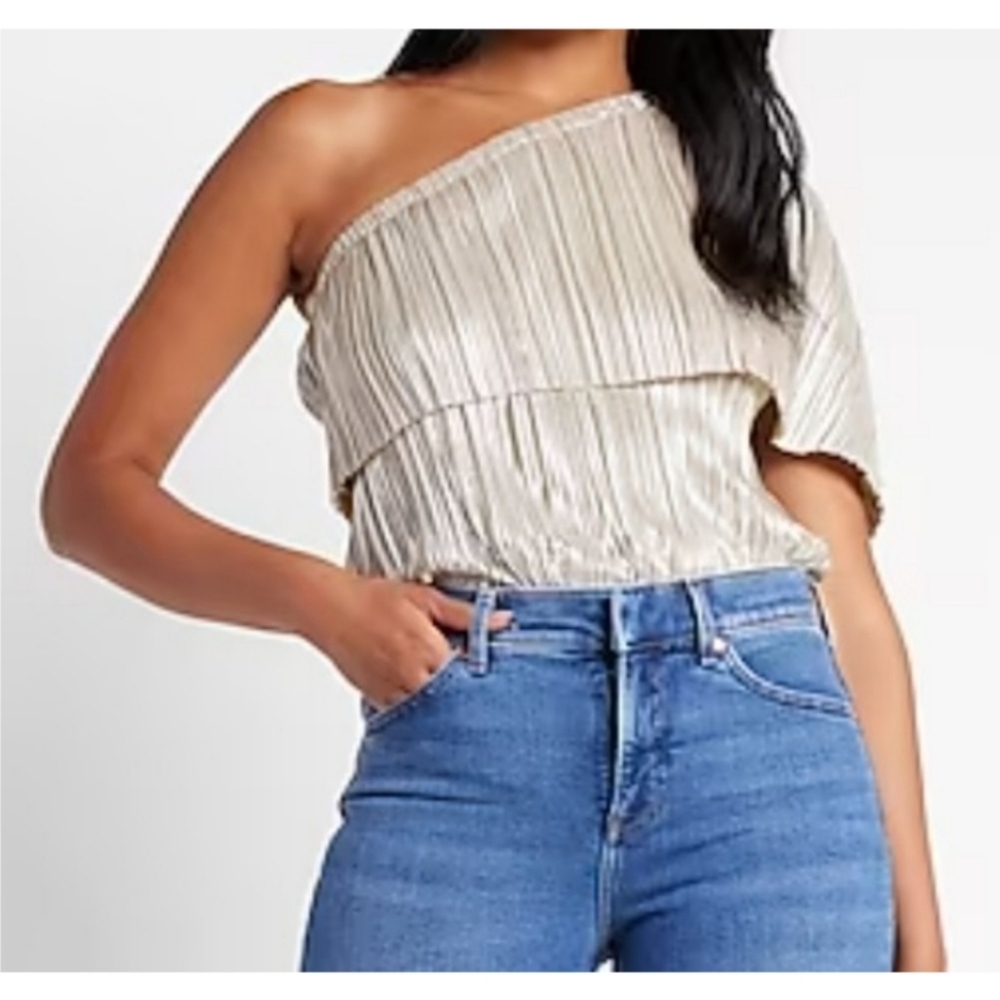 Express x Rachel Zoe Womens Bodysuit Size XS Sliver One Shoulder Metallic Drape